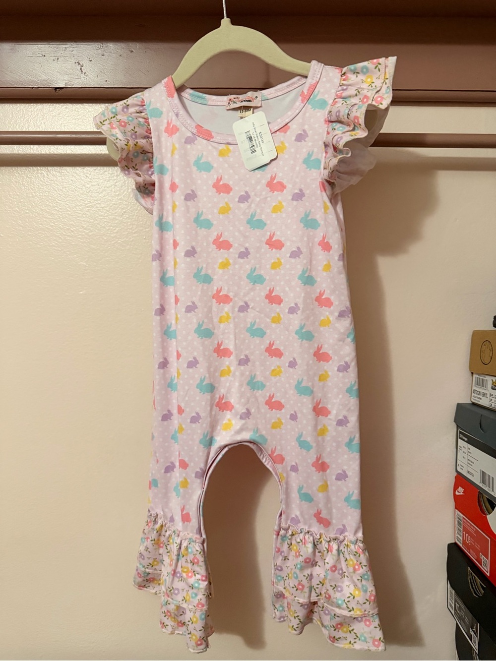 Girls Pink Bunny Print Ruffle-Sleeve One-Piece Bodysuit